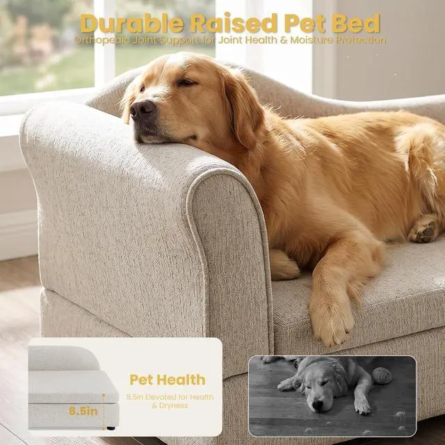 Alt view image 6 of 7 - Elevated Dog Bed for Extra Large Dogs, 55" Large Dog Couch with Removable Cushion, Backrest and Single Armrest, Linen Fabric Pet Lounging Sofa Bed with Washable Soft Cushion Cover & Low Feet, Beige