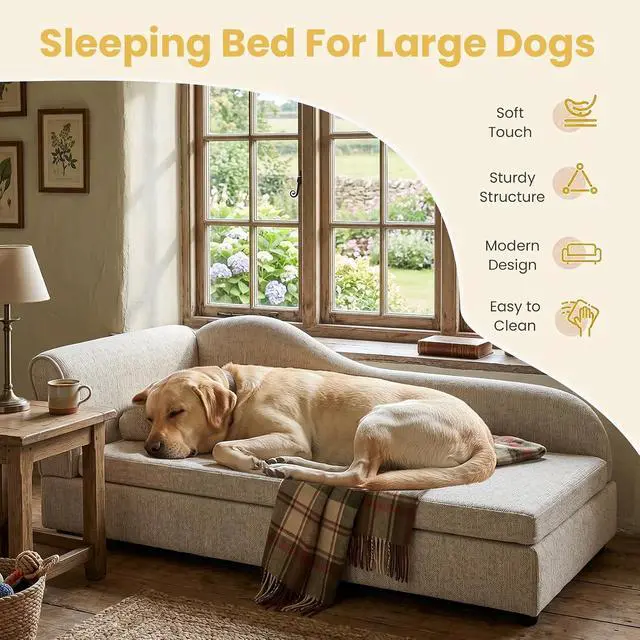 Alt view image 7 of 7 - Elevated Dog Bed for Extra Large Dogs, 55" Large Dog Couch with Removable Cushion, Backrest and Single Armrest, Linen Fabric Pet Lounging Sofa Bed with Washable Soft Cushion Cover & Low Feet, Beige