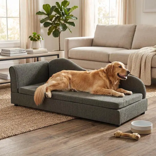 Main image of Elevated Dog Bed for Extra Large Dogs, 55" Large Dog Couch with Removable Cushion, Backrest and Single Armrest, Linen Fabric Pet Sofa Bed with Washable Soft Cushion Cover, Low Feet, Dark Gray