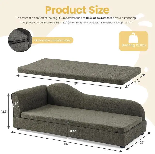Alt view image 2 of 7 - Elevated Dog Bed for Extra Large Dogs, 55" Large Dog Couch with Removable Cushion, Backrest and Single Armrest, Linen Fabric Pet Sofa Bed with Washable Soft Cushion Cover, Low Feet, Dark Gray