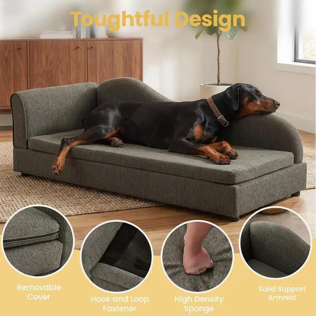 Alt view image 4 of 7 - Elevated Dog Bed for Extra Large Dogs, 55" Large Dog Couch with Removable Cushion, Backrest and Single Armrest, Linen Fabric Pet Sofa Bed with Washable Soft Cushion Cover, Low Feet, Dark Gray