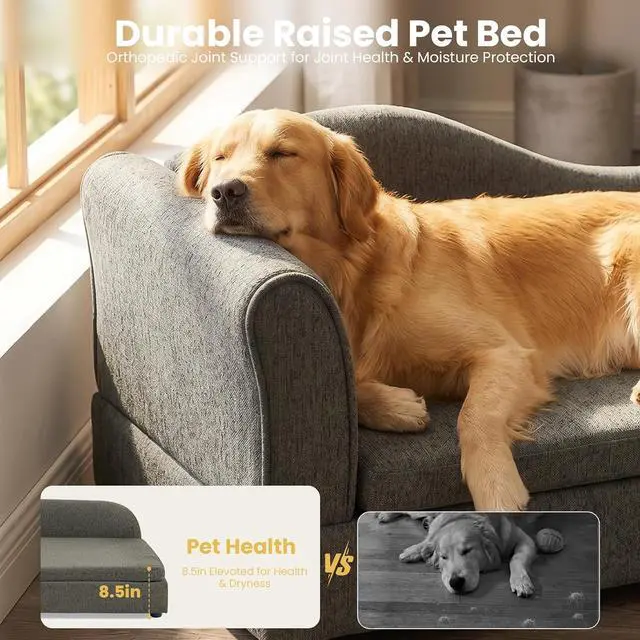 Alt view image 6 of 7 - Elevated Dog Bed for Extra Large Dogs, 55" Large Dog Couch with Removable Cushion, Backrest and Single Armrest, Linen Fabric Pet Sofa Bed with Washable Soft Cushion Cover, Low Feet, Dark Gray