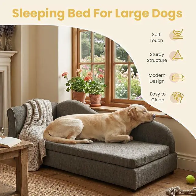 Alt view image 7 of 7 - Elevated Dog Bed for Extra Large Dogs, 55" Large Dog Couch with Removable Cushion, Backrest and Single Armrest, Linen Fabric Pet Sofa Bed with Washable Soft Cushion Cover, Low Feet, Dark Gray