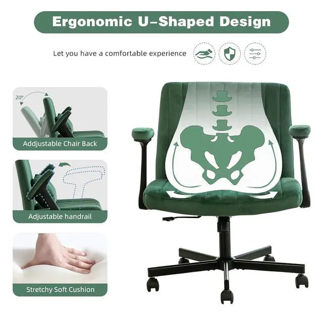 Alt view image 3 of 6 - Criss Cross Office Desk Chair with Wheels, Swivel Armchair with Foldable Armrests, Back Pillow, Velvet Vanity Chair Rolling Stool with Adjustable Back for Home Office, Meditation & Makeup, Green