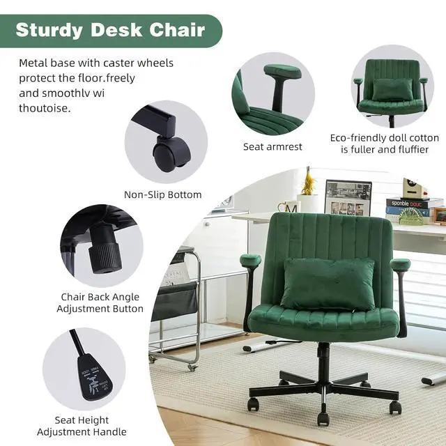 Alt view image 4 of 6 - Criss Cross Office Desk Chair with Wheels, Swivel Armchair with Foldable Armrests, Back Pillow, Velvet Vanity Chair Rolling Stool with Adjustable Back for Home Office, Meditation & Makeup, Green