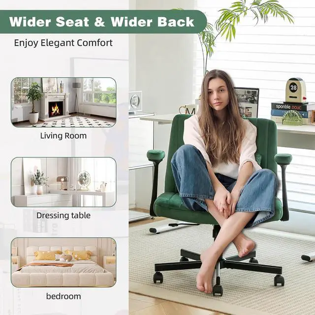 Alt view image 5 of 6 - Criss Cross Office Desk Chair with Wheels, Swivel Armchair with Foldable Armrests, Back Pillow, Velvet Vanity Chair Rolling Stool with Adjustable Back for Home Office, Meditation & Makeup, Green