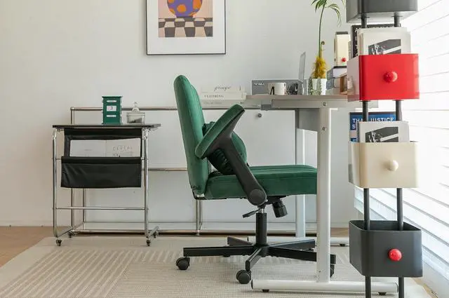 Alt view image 6 of 6 - Criss Cross Office Desk Chair with Wheels, Swivel Armchair with Foldable Armrests, Back Pillow, Velvet Vanity Chair Rolling Stool with Adjustable Back for Home Office, Meditation & Makeup, Green