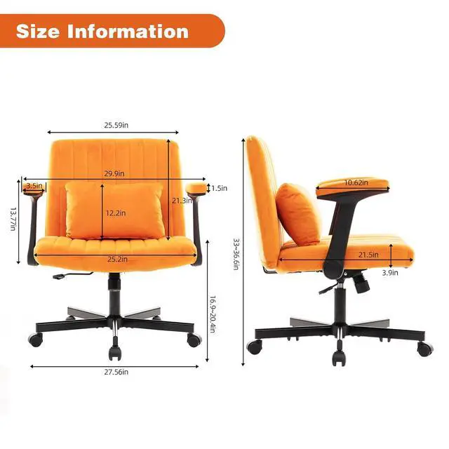 Alt view image 2 of 7 - Criss Cross Office Desk Chair with Wheels, Swivel Armchair with Foldable Armrests, Back Pillow, Velvet Vanity Chair Rolling Stool with Adjustable Back for Home Office, Meditation & Makeup, Orange