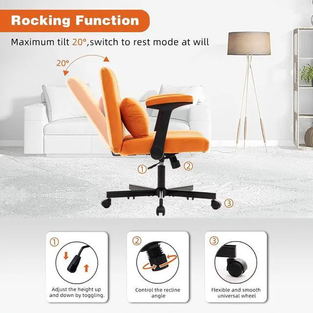 Alt view image 3 of 7 - Criss Cross Office Desk Chair with Wheels, Swivel Armchair with Foldable Armrests, Back Pillow, Velvet Vanity Chair Rolling Stool with Adjustable Back for Home Office, Meditation & Makeup, Orange