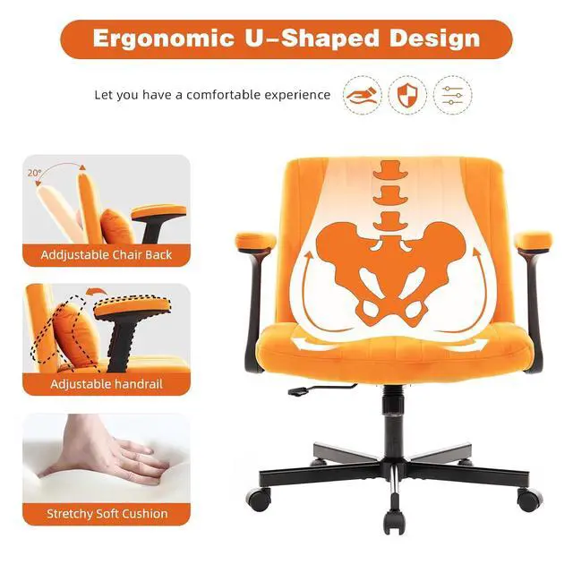 Alt view image 4 of 7 - Criss Cross Office Desk Chair with Wheels, Swivel Armchair with Foldable Armrests, Back Pillow, Velvet Vanity Chair Rolling Stool with Adjustable Back for Home Office, Meditation & Makeup, Orange