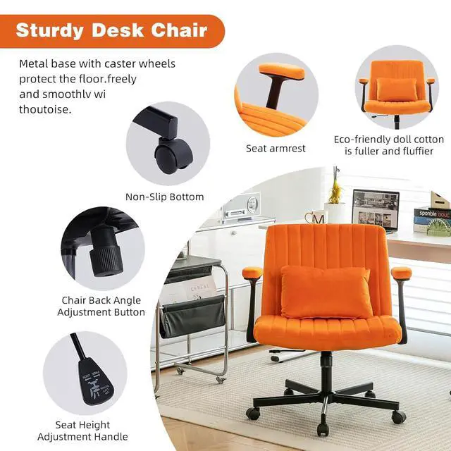 Alt view image 6 of 7 - Criss Cross Office Desk Chair with Wheels, Swivel Armchair with Foldable Armrests, Back Pillow, Velvet Vanity Chair Rolling Stool with Adjustable Back for Home Office, Meditation & Makeup, Orange