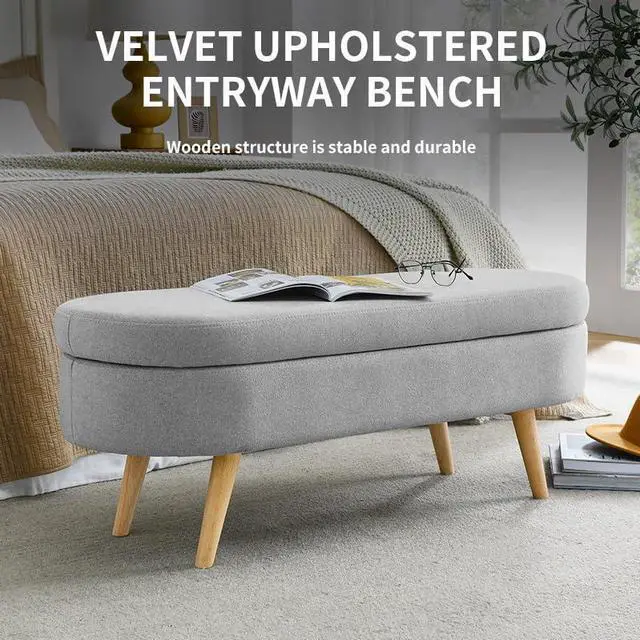 Alt view image 5 of 7 - 43.5" Storage Ottoman Bench, Linen Upholstered Bedroom Bench, Oval Shaped Ottoman with Rubber Wood Legs, Footrest Stool for End of Bed,Living Room, Entryway, Grey
