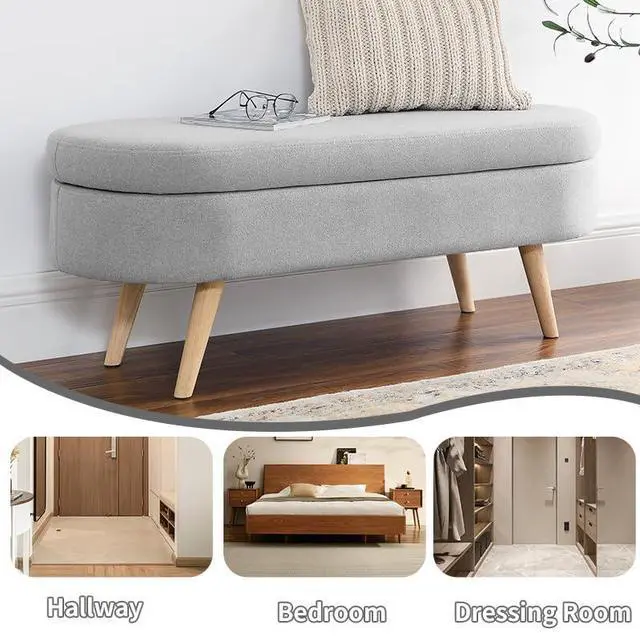 Alt view image 6 of 7 - 43.5" Storage Ottoman Bench, Linen Upholstered Bedroom Bench, Oval Shaped Ottoman with Rubber Wood Legs, Footrest Stool for End of Bed,Living Room, Entryway, Grey