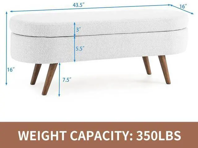 Alt view image 2 of 7 - 43.5" Storage Ottoman Bench, Linen Upholstered Bedroom Bench, Oval Shaped Ottoman with Rubber Wood Legs, Footrest Stool for End of Bed,Living Room, Entryway, White