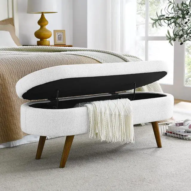 Main image of 43.5" Storage Ottoman Bench, Linen Upholstered Bedroom Bench, Oval Shaped Ottoman with Rubber Wood Legs, Footrest Stool for End of Bed,Living Room, Entryway, White