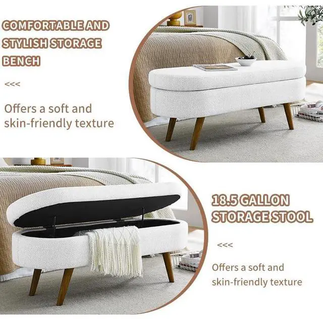 Alt view image 3 of 7 - 43.5" Storage Ottoman Bench, Linen Upholstered Bedroom Bench, Oval Shaped Ottoman with Rubber Wood Legs, Footrest Stool for End of Bed,Living Room, Entryway, White