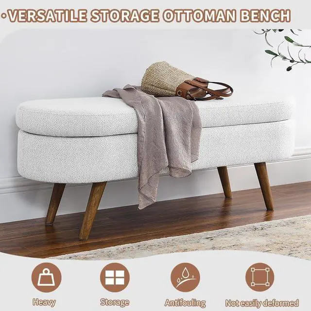 Alt view image 4 of 7 - 43.5" Storage Ottoman Bench, Linen Upholstered Bedroom Bench, Oval Shaped Ottoman with Rubber Wood Legs, Footrest Stool for End of Bed,Living Room, Entryway, White