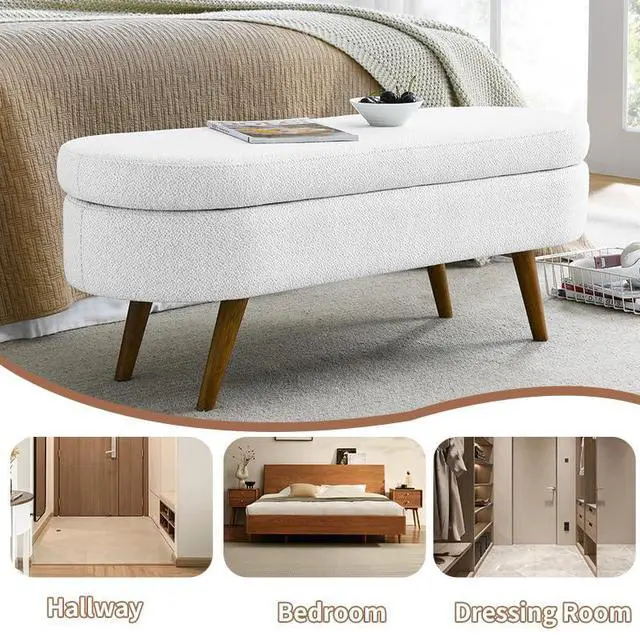 Alt view image 6 of 7 - 43.5" Storage Ottoman Bench, Linen Upholstered Bedroom Bench, Oval Shaped Ottoman with Rubber Wood Legs, Footrest Stool for End of Bed,Living Room, Entryway, White