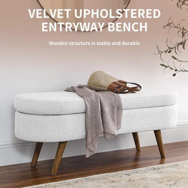 Alt view image 5 of 7 - 43.5" Storage Ottoman Bench, Linen Upholstered Bedroom Bench, Oval Shaped Ottoman with Rubber Wood Legs, Footrest Stool for End of Bed,Living Room, Entryway, White