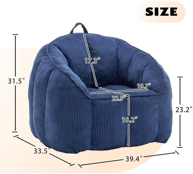 Alt view image 2 of 7 - Giant Bean Bag Chair with Pull Ring, Comfy Corduroy Lazy Sofa for Adults Teens, Large Boneless Chair, Comfy Accent Chair, Corner Armchair for for Living Room, Bedroom, Gaming, Reading, Dark Blue
