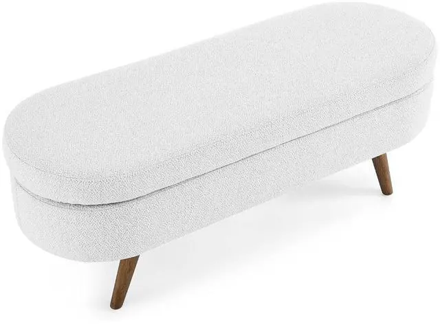 Alt view image 7 of 7 - 43.5" Storage Ottoman Bench, Linen Upholstered Bedroom Bench, Oval Shaped Ottoman with Rubber Wood Legs, Footrest Stool for End of Bed,Living Room, Entryway, White