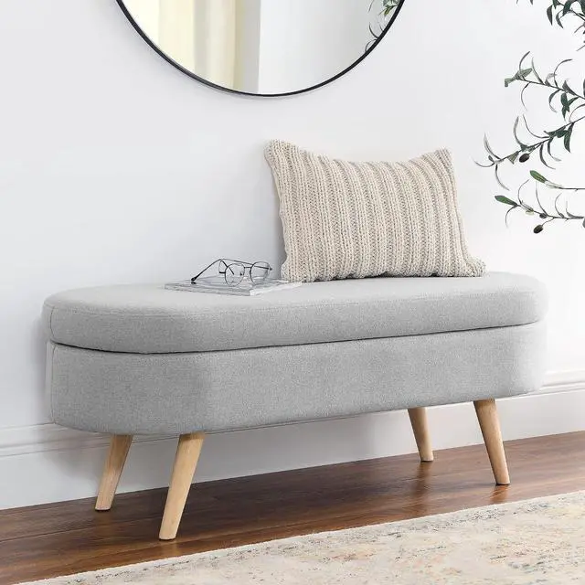 Alt view image 7 of 7 - 43.5" Storage Ottoman Bench, Linen Upholstered Bedroom Bench, Oval Shaped Ottoman with Rubber Wood Legs, Footrest Stool for End of Bed,Living Room, Entryway, Grey