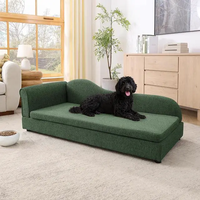 Alt view image 2 of 7 - Elevated Dog Bed for Extra Large Dogs, 55" Large Dog Couch with Removable Cushion, Backrest and Single Armrest, Linen Fabric Pet Sofa Bed with Washable Soft Cushion Cover, Low Feet, Olive Green