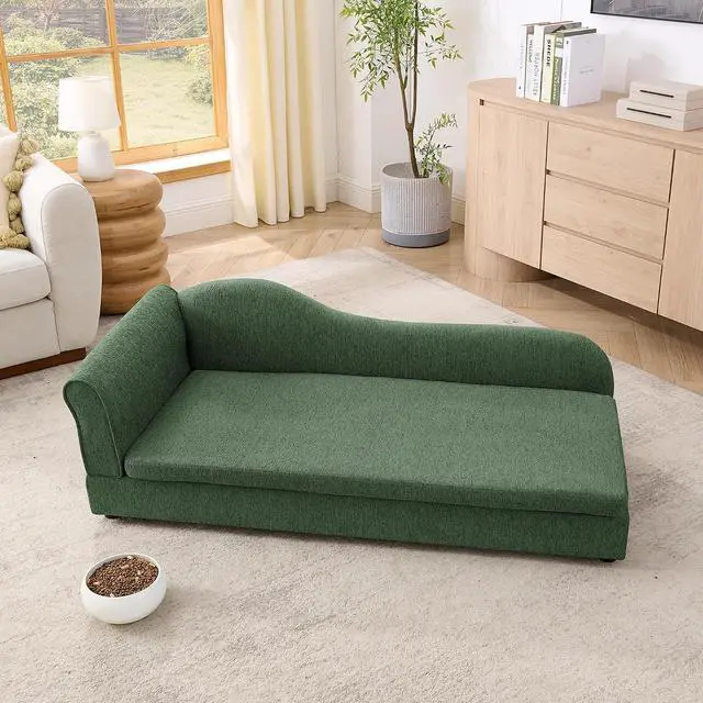 Alt view image 4 of 7 - Elevated Dog Bed for Extra Large Dogs, 55" Large Dog Couch with Removable Cushion, Backrest and Single Armrest, Linen Fabric Pet Sofa Bed with Washable Soft Cushion Cover, Low Feet, Olive Green