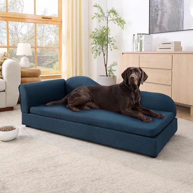 Main image of Elevated Dog Bed for Extra Large Dogs, 55" Large Dog Couch with Removable Cushion, Backrest and Single Armrest, Linen Fabric Pet Sofa Bed with Washable Soft Cushion Cover, Low Feet, Dark Blue
