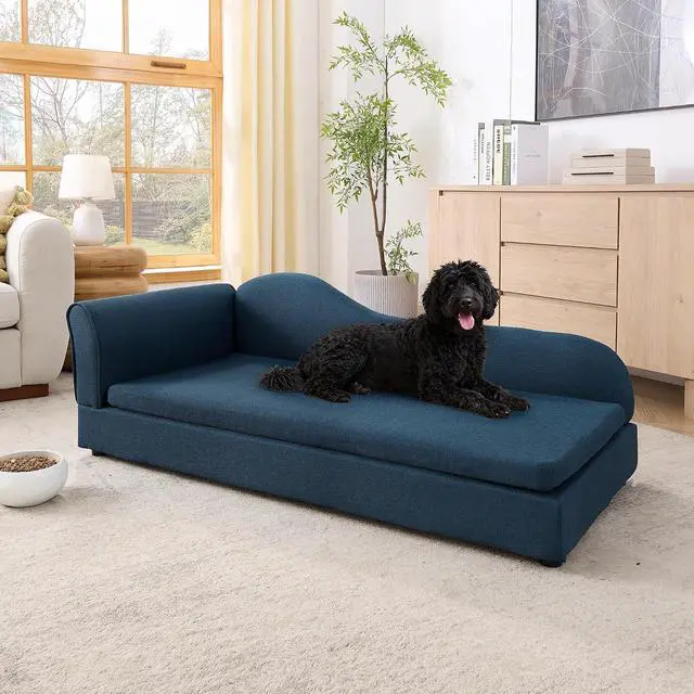 Alt view image 2 of 7 - Elevated Dog Bed for Extra Large Dogs, 55" Large Dog Couch with Removable Cushion, Backrest and Single Armrest, Linen Fabric Pet Sofa Bed with Washable Soft Cushion Cover, Low Feet, Dark Blue