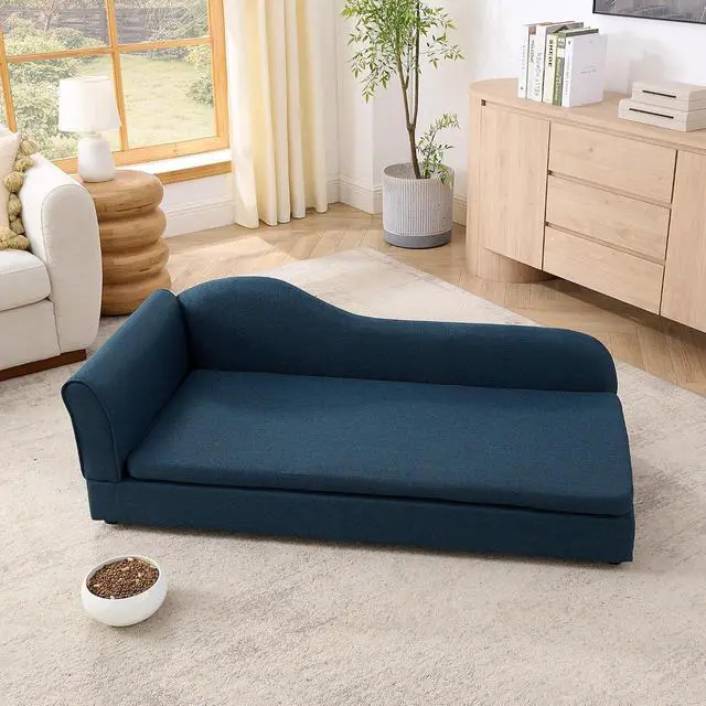 Alt view image 3 of 7 - Elevated Dog Bed for Extra Large Dogs, 55" Large Dog Couch with Removable Cushion, Backrest and Single Armrest, Linen Fabric Pet Sofa Bed with Washable Soft Cushion Cover, Low Feet, Dark Blue