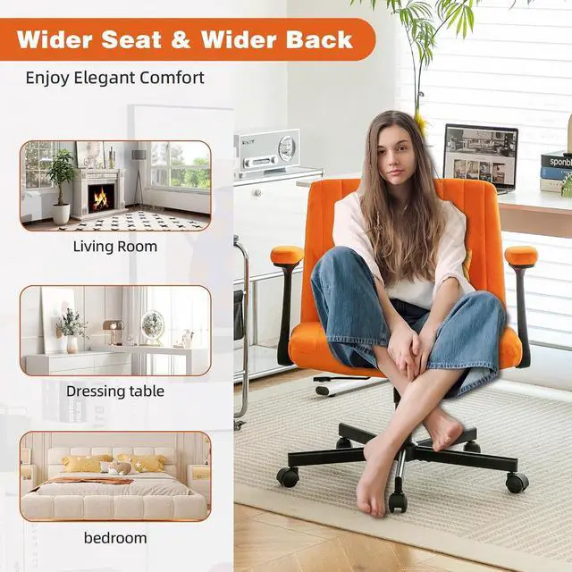 Alt view image 7 of 7 - Criss Cross Office Desk Chair with Wheels, Swivel Armchair with Foldable Armrests, Back Pillow, Velvet Vanity Chair Rolling Stool with Adjustable Back for Home Office, Meditation & Makeup, Orange