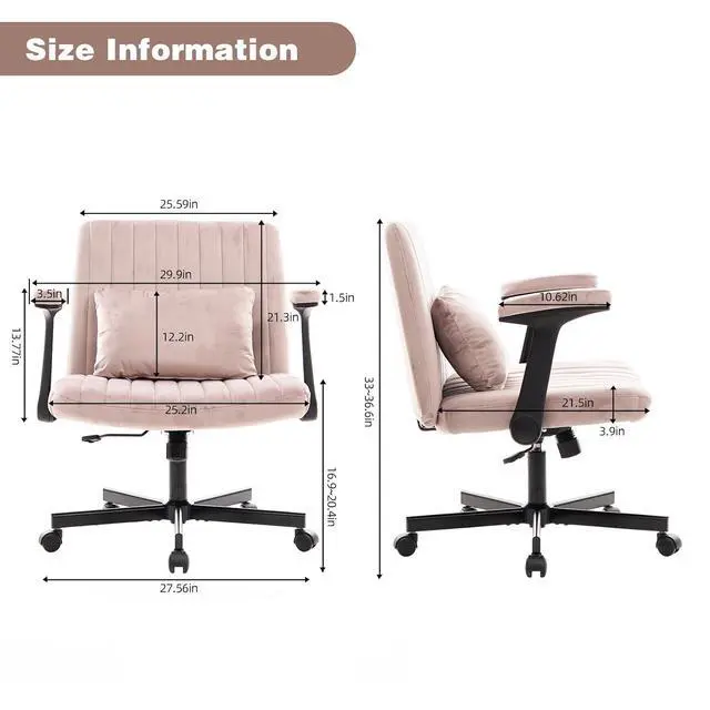 Alt view image 2 of 7 - Criss Cross Office Desk Chair with Wheels, Swivel Armchair with Foldable Armrests, Back Pillow, Velvet Vanity Chair Rolling Stool with Adjustable Back for Home Office, Meditation & Makeup, Pink