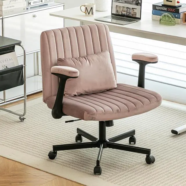 Main image of Criss Cross Office Desk Chair with Wheels, Swivel Armchair with Foldable Armrests, Back Pillow, Velvet Vanity Chair Rolling Stool with Adjustable Back for Home Office, Meditation & Makeup, Pink