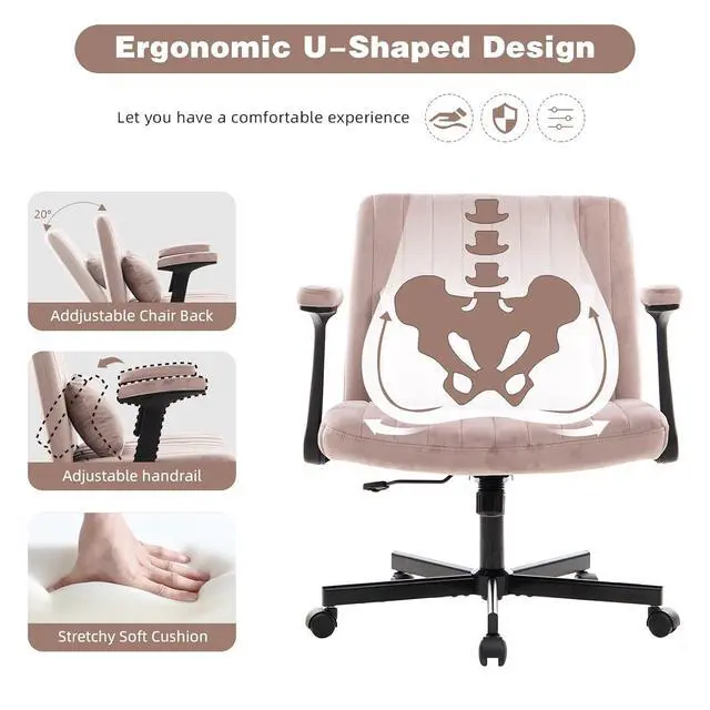 Alt view image 3 of 7 - Criss Cross Office Desk Chair with Wheels, Swivel Armchair with Foldable Armrests, Back Pillow, Velvet Vanity Chair Rolling Stool with Adjustable Back for Home Office, Meditation & Makeup, Pink