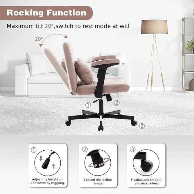Alt view image 4 of 7 - Criss Cross Office Desk Chair with Wheels, Swivel Armchair with Foldable Armrests, Back Pillow, Velvet Vanity Chair Rolling Stool with Adjustable Back for Home Office, Meditation & Makeup, Pink