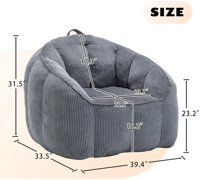Alt view image 2 of 7 - Giant Bean Bag Chair with Pull Ring, Comfy Corduroy Lazy Sofa for Adults Teens, Large Boneless Chair, Comfy Accent Chair, Corner Armchair for for Living Room, Bedroom, Gaming, Reading, Dark Gray