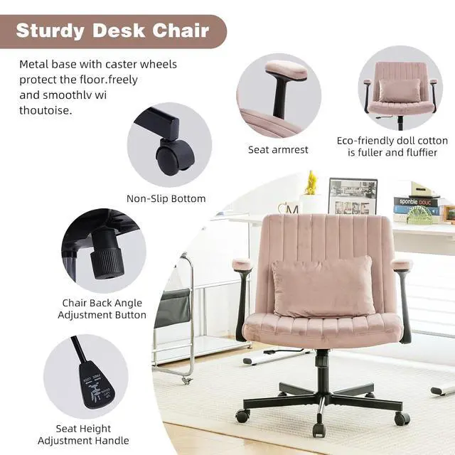 Alt view image 6 of 7 - Criss Cross Office Desk Chair with Wheels, Swivel Armchair with Foldable Armrests, Back Pillow, Velvet Vanity Chair Rolling Stool with Adjustable Back for Home Office, Meditation & Makeup, Pink