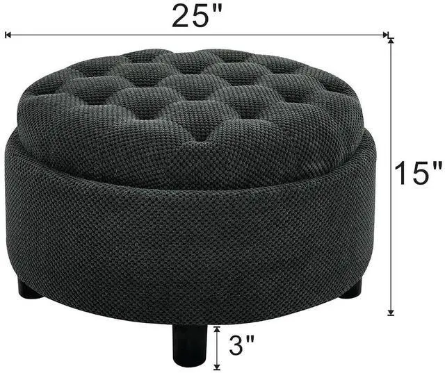 Alt view image 2 of 7 - 25" Round Ottoman Coffee Table with Removable Lid, Storage Ottoman Bench with Double Side Top, Small Space Side Table, Button Tufted Upholstered Footstool for Living Room, Bedroom, Office, Black
