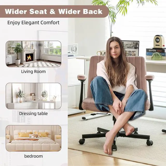 Alt view image 7 of 7 - Criss Cross Office Desk Chair with Wheels, Swivel Armchair with Foldable Armrests, Back Pillow, Velvet Vanity Chair Rolling Stool with Adjustable Back for Home Office, Meditation & Makeup, Pink