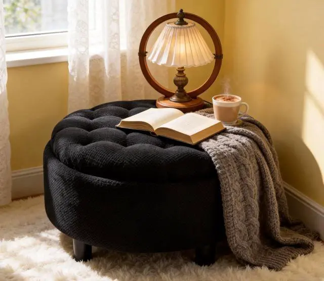 Main image of 25" Round Ottoman Coffee Table with Removable Lid, Storage Ottoman Bench with Double Side Top, Small Space Side Table, Button Tufted Upholstered Footstool for Living Room, Bedroom, Office, Black
