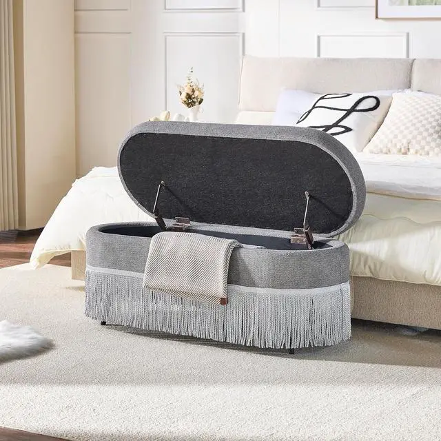 Main image of 39" Storage Bench with Fringe Trim & Lift-Top Lid, Upholstered Ottoman with Hidden Storage, Oval End of Bed Bench with Metal Frame, Functional Footrest for Entryway, Living Room or Bedroom, Grey