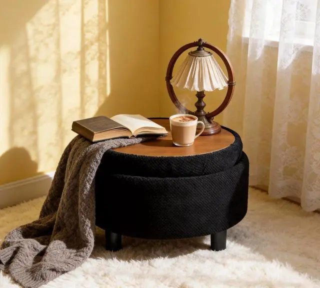 Alt view image 3 of 7 - 25" Round Ottoman Coffee Table with Removable Lid, Storage Ottoman Bench with Double Side Top, Small Space Side Table, Button Tufted Upholstered Footstool for Living Room, Bedroom, Office, Black