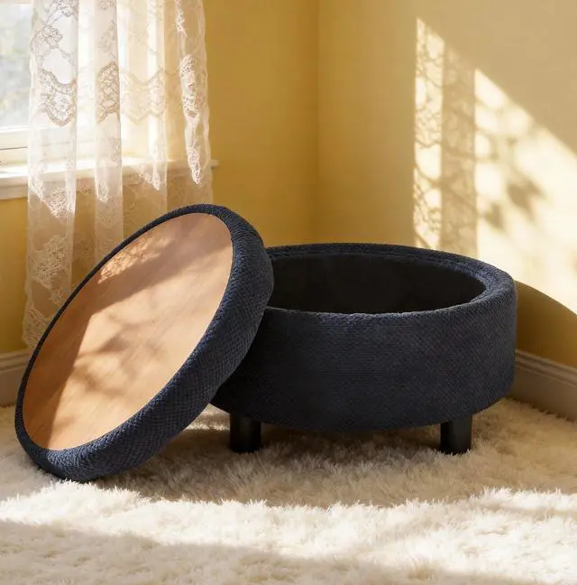 Alt view image 4 of 7 - 25" Round Ottoman Coffee Table with Removable Lid, Storage Ottoman Bench with Double Side Top, Small Space Side Table, Button Tufted Upholstered Footstool for Living Room, Bedroom, Office, Black