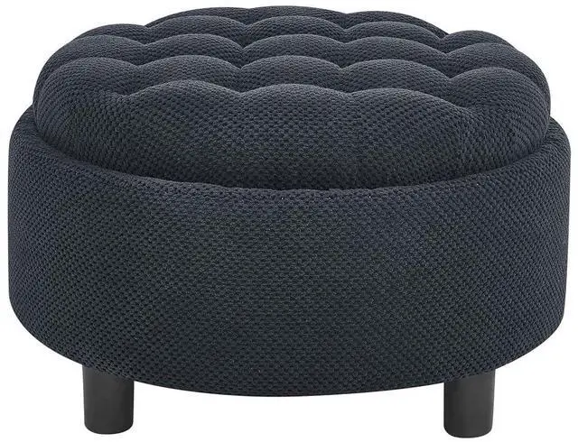 Alt view image 5 of 7 - 25" Round Ottoman Coffee Table with Removable Lid, Storage Ottoman Bench with Double Side Top, Small Space Side Table, Button Tufted Upholstered Footstool for Living Room, Bedroom, Office, Black