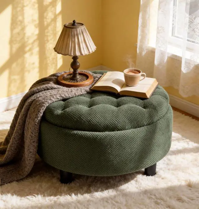 Main image of 25" Round Ottoman Coffee Table with Removable Lid, Storage Ottoman Bench with Double Side Top, Small Space Side Table, Button Tufted Upholstered Footstool for Living Room, Bedroom, Office, Dark Green