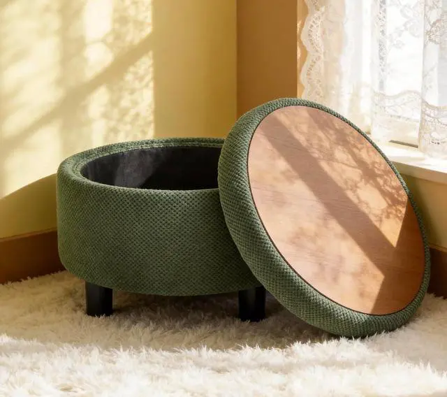 Alt view image 4 of 7 - 25" Round Ottoman Coffee Table with Removable Lid, Storage Ottoman Bench with Double Side Top, Small Space Side Table, Button Tufted Upholstered Footstool for Living Room, Bedroom, Office, Dark Green