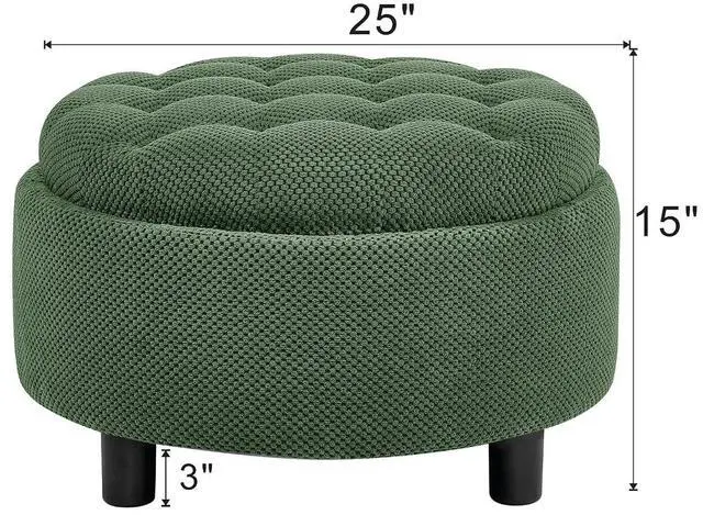 Alt view image 2 of 7 - 25" Round Ottoman Coffee Table with Removable Lid, Storage Ottoman Bench with Double Side Top, Small Space Side Table, Button Tufted Upholstered Footstool for Living Room, Bedroom, Office, Dark Green