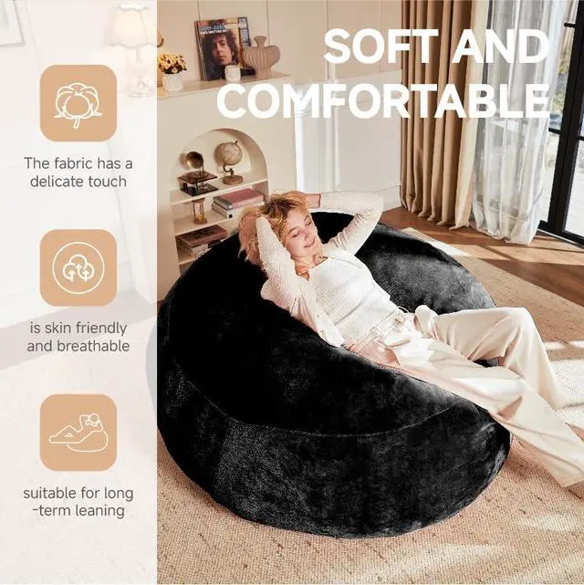 Alt view image 4 of 7 - 4FT Giant Bean Bag Chair, Memory Foam Lounge Chair for Adult and Teen, Comfy Floor Lazy Sofa with Removable Flannel Cover, Round BeanBag for Living Room, Bedroom, College Dorm, Black