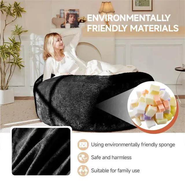 Alt view image 6 of 7 - 4FT Giant Bean Bag Chair, Memory Foam Lounge Chair for Adult and Teen, Comfy Floor Lazy Sofa with Removable Flannel Cover, Round BeanBag for Living Room, Bedroom, College Dorm, Black